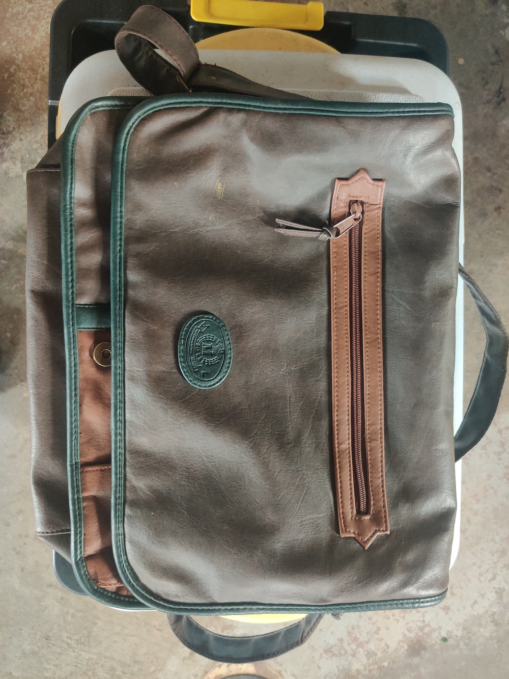 Brown Leather Messenger Bag with Green Trim - Vintage Style